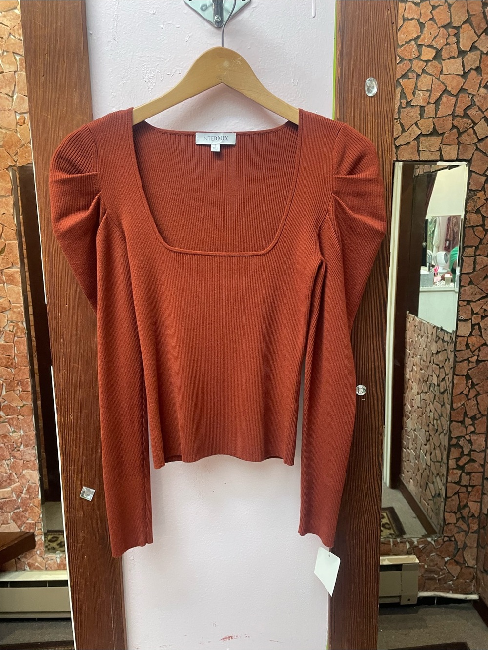 INTERMIX Rust Square-Neck Ribbed Long-Sleeve Top